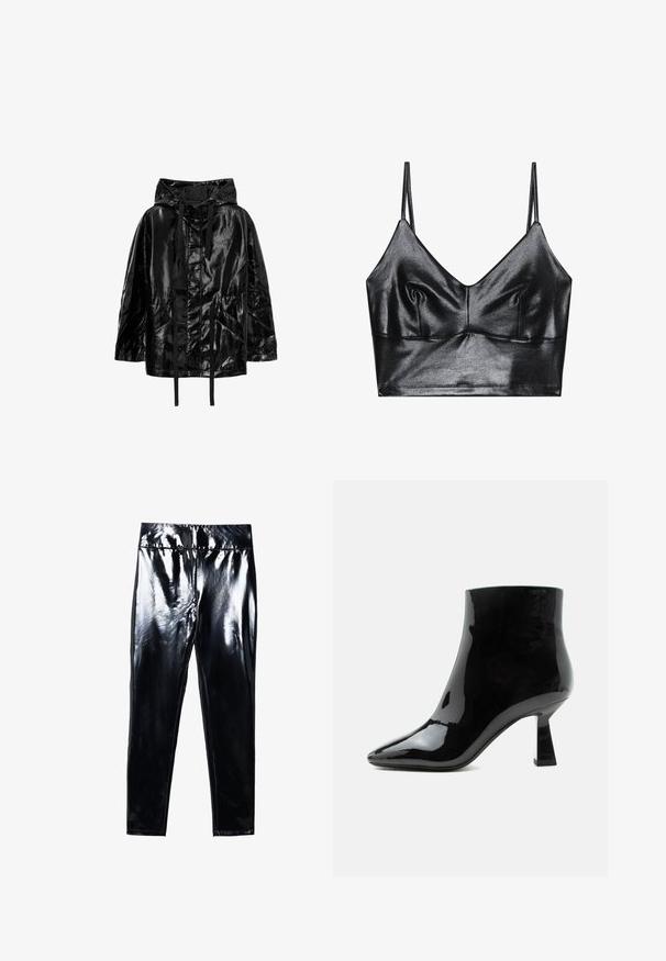 Chaqueta negra, brillante e impermeable con capucha, que cuenta con cordones y dos bolsillos frontales, con un ajuste relajado y una textura suave.; Bralette negro y brillante con tirantes delgados ajustables, que presenta un escote en V, textura suave y sutil fruncido en el busto para darle forma.; Leggings negros de alto brillo con una superficie brillante y suave. Cintura elástica y diseño ajustado con forma de pierna cónica.; Botín negro de charol brillante con punta puntiaguda y tacón medio acampanado sobre fondo blanco.