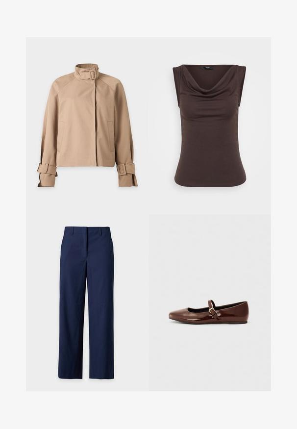 Veste beige avec un col haut et une boucle, manches longues avec des sangles à boucle et deux poches avant, présentée sur fond blanc.; Haut sans manches marron avec un col drapé, fabriqué à partir d'un tissu doux. Texture lisse avec une silhouette ajustée et aucun matériel visible.; Pantalon bleu marine à jambes droites avec passants pour ceinture, fermeture avant cachée et design épuré et lisse.; Ballerine en cuir verni marron avec un bout carré et une lanière ornée d'une petite boucle dorée. Texture lisse, talon bas et design minimaliste.