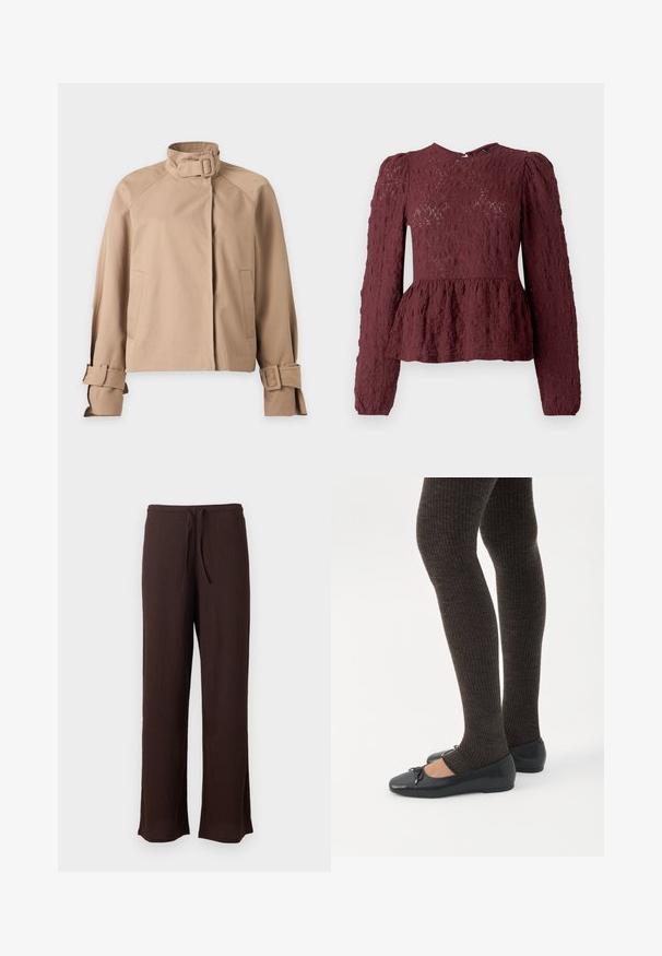 Veste beige avec un col haut et une boucle, manches longues avec des sangles à boucle et deux poches avant, présentée sur fond blanc.; Top peplum bourgogne en dentelle texturée, doté de manches longues, d'un col haut et d'une taille plissée subtile. Fermeture éclair dans le dos.; Pantalon large texturé marron foncé avec ceinture élastique et cordon, présenté sur un fond clair uni.; Jambes portant des leggings côtelés foncés associés à des ballerines noires avec de petits détails en nœud sur fond blanc.