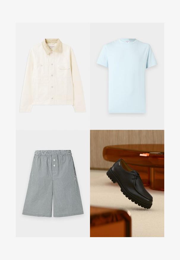 Veste beige clair avec un col en velours côtelé, dotée de deux poches poitrine, d'une fermeture à boutons à l'avant et d'un tissu doux et texturé.; T-shirt bleu clair à manches courtes en coton doux. Il présente un col rond classique et un design minimaliste, sans motifs ni accents.; Shorts à motif vichy noir et blanc, fabriqués en tissu léger. Présentent une taille élastique et des détails en boutons à l'avant.; Chaussure à lacets en cuir noir texturé avec une semelle épaisse à rainures, marquée "HUGO" près du talon, présentée sur un tapis beige et un mobilier ambre.