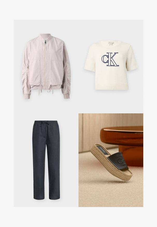 Veste bomber rose clair avec une fermeture éclair sur le devant, des poignets élastiques, deux poches avant et un ourlet à cordon de serrage. Texture lisse avec des détails de manches froncées.; Pull blanc à manches courtes en maille avec ourlet et poignets côtelés, arborant un grand logo "cK" bleu marine brodé sur le devant.; Pantalon droit noir avec taille élastique et cordon de serrage, coupe décontractée et texture subtile.; Sandale à plateforme beige avec semelle tressée et tige en cuir noir embossée du logo "CK", placée près d'une table circulaire marron.