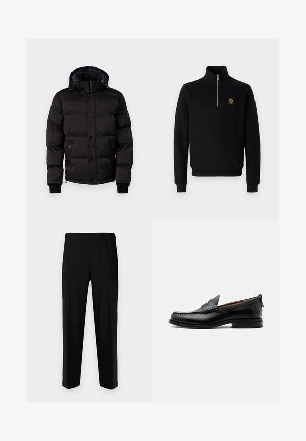 Guess Talvitakki - jet black; Musta, vetoketjullinen collegepaita, joka on valmistettu puuvillasekoitteesta. siinä on korkea kaulus, resorit hihansuissa ja kultainen logopatchi rinnassa.; Mustat housut sileästä kankaasta, suora malli, kaksi etutaskua sekä vetoketjulla ja napilla varustettu etulukitus.; Miesten musta nahka loafer mokkakengännissäpäällysteisesti, pennihihnalla, teksturoidulla kauluksella ja matalalla pinotulla korolla valkoisella taustalla.