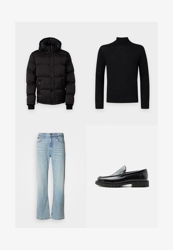 Guess Winterjacke - jet black; Schwarzer Rollkragenpullover aus weichem Stoff, mit langen Ärmeln und einer taillierten Silhouette, die einen kleinen runden Akzent am Hals aufweist.; Hellblaue Jeans aus Denim mit geradem Bein, ausgestattet mit fünf Taschen, einem Knopfverschluss und subtilen Verwaschungen im Stoff.; Schwarzer Lederloafer mit grober Gummisohle, genähter Oberseite und geprägtem Markennamen an der Ferse, seitlich auf weißem Hintergrund gezeigt.