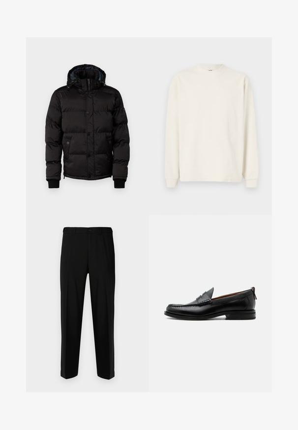 Guess Chaqueta de invierno - jet black; Top de punto acanalado de manga larga en color blanco roto con cuello redondo y puños ajustados, que presenta una silueta relajada.; Pantalones negros de tela suave, con corte recto, dos bolsillos frontales y cremallera con cierre de botón.; Mocasín de hombre de piel negra con costura moc toe, tira penny, cuello texturizado y tacón bajo apilado sobre fondo blanco.