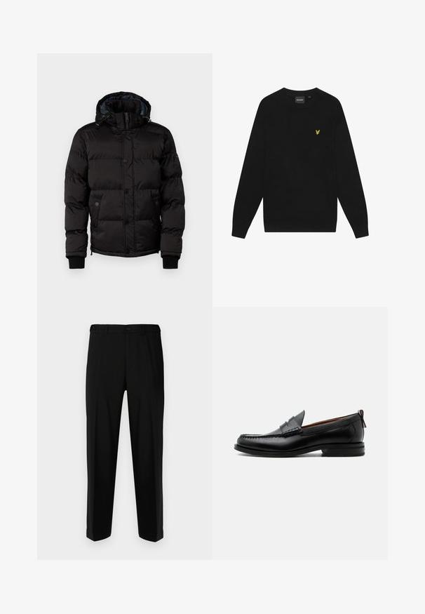 Guess Winterjacke - jet black; Schwarzes Baumwoll-Sweatshirt mit langen Ärmeln und Rundhalsausschnitt. Mit einem kleinen gelben Adler-Logo auf der Brust. Weiche Textur.; Schwarze Hosen aus glattem Stoff, mit geradem Schnitt, zwei vorderen Taschen und einem Reißverschluss mit Knopfverschluss.; Schwarzer Leder-Herrenschuh mit Mokassinnaht, Penny-Riemen, strukturiertem Kragen und niedrigem gestapeltem Absatz auf weißem Hintergrund.