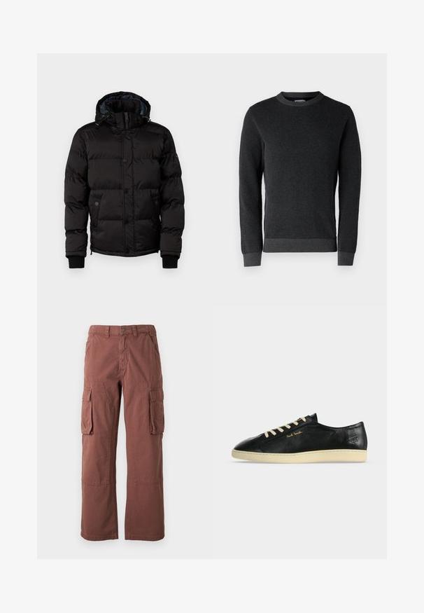 Guess Talvejope - jet black; Tumehall villane sviiter, millel on tekstureeritud pind, ümmargune kaelus ja ribatud mansetid ning alläär. Omab pikki varrukaid ja klassikalist lõiget.; Roostevärvi cargo püksid, valmistatud vastupidavast kangast. Omavad suuri küljetaskuid, sirgeid jalgu ja nuppude sulgemist vöökohtadel.; Mustad madala säärega nahast tossud kreemja tallaga ja paeltega, kuldne "Paul Smith" logo küljel ning reljeefne märk kanna lähedal.