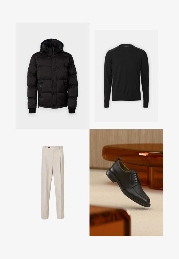 Guess Winterjacke - jet black; Belstaff KERRIGAN CREW NECK JUMPER - Strickpullover - black; Beige maßgeschneiderte Hose mit geradem Beinschnitt, vorderen Falten, Knopfverschluss und glatter Stoffstruktur.; Schwarzer Leder-Schnürschuh mit texturierter Vorderseite, schwebend über beigem Teppich in einem modernen Raum mit bernsteinfarbenen Möbeln.