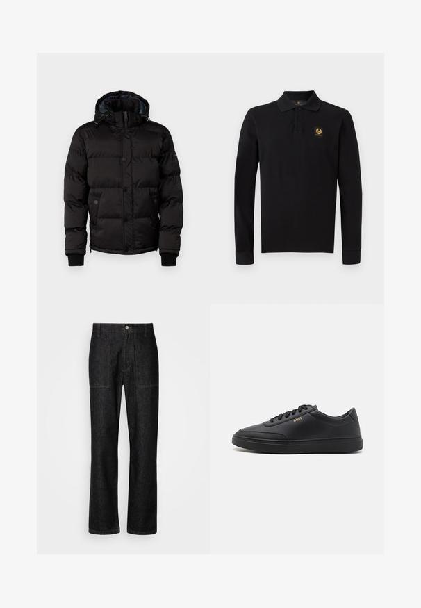 Guess Chaqueta de invierno - jet black; Camisa polo de manga larga negra hecha de algodón. Presenta un cuello clásico, una tapeta con tres botones y un emblema dorado en el lado izquierdo del pecho.; Pantalones de mezclilla negros con corte recto, costuras visibles y cierre frontal con botón. Incluye dos bolsillos laterales y dos bolsillos traseros.; Zapatillas de cuero negro con una textura suave, punta redondeada, suela plana de goma y cordones a tono. Presentan el logotipo dorado "BOSS" en el lateral.