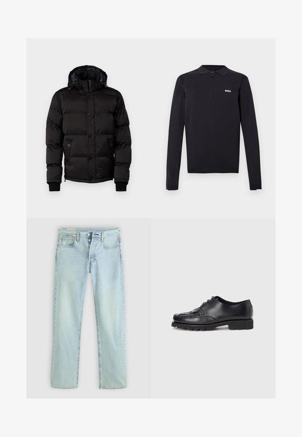Guess Talvejope - jet black; Mustast kudumkangast tehtud pika varrukaga polo särk. Omadusteks on poollukuga krae, kitsas lõige ja väike valge logo rinnal.; Heledad sinine teksad sirge lõikega, viie taskuga, nööpidega sulehõlmas ja kerge kulumisega. Omab õmblusdetailide ja vasknõeltega kaunistusi.; Mustad nahast nöörkingad tekstureeritud esiosaga, tugeva tallaga ja külgedel õmbluse detailidega, millel on ümar varvas ja minimalistlik disain.