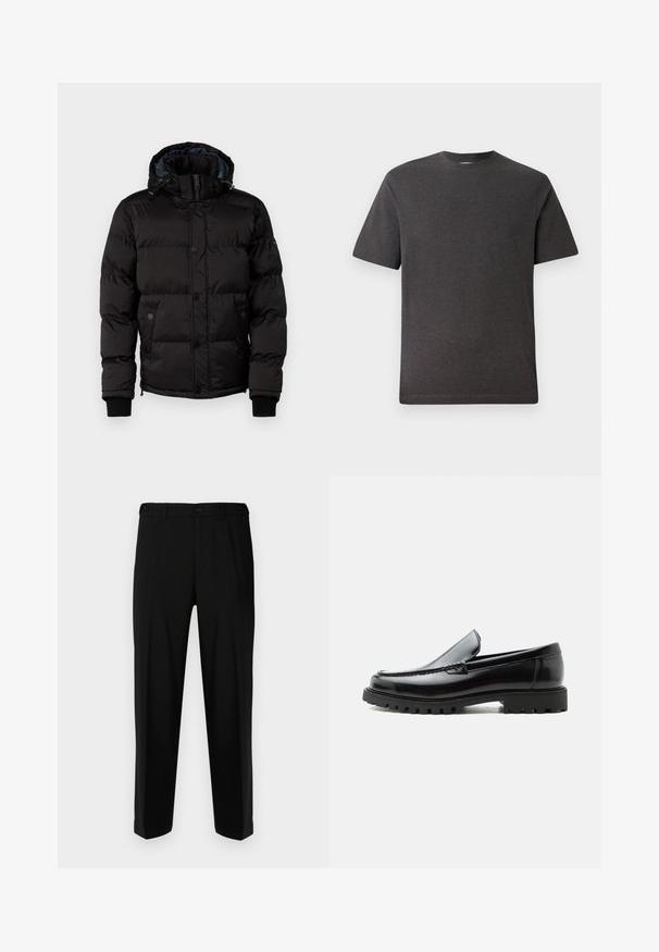 Guess Winterjacke - jet black; Graues, kurzärmliges T-Shirt aus einem weichen, leichten Stoff mit Rundhalsausschnitt und minimalen Nähten. Geeignet für den Freizeitbereich.; Schwarze Hosen aus glattem Stoff, mit geradem Schnitt, zwei vorderen Taschen und einem Reißverschluss mit Knopfverschluss.; Schwarzer Lederloafer mit grober Gummisohle, genähter Oberseite und geprägtem Markennamen an der Ferse, seitlich auf weißem Hintergrund gezeigt.