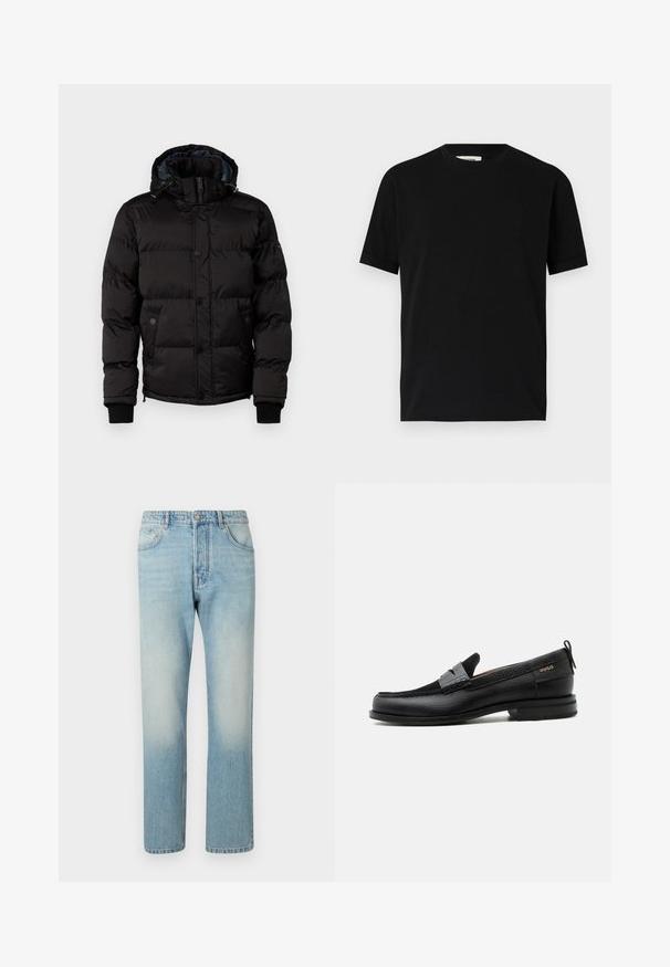 Guess Talvitakki - jet black; Lyhythihainen musta T-paita puuvillasta, jossa on pyöreä pääntie ja rento malli. Silkkinen rakenne, ei kuvioita tai näkyviä logoja.; Vaaleansiniset farkut, jotka on valmistettu denimmateriaalista. Niissä on suora lahjemuotoilu, viisi taskua ja haalistunut pesuefekti reisissä.; Musta nahkalesti harmaalla remmikoristeella, matala korko ja teksturoitu pohja, sivustalla kullanvärisellä "HUGO"-brändillä.