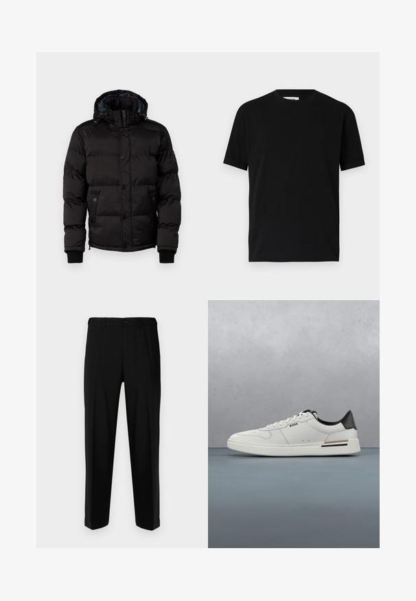 Guess Chaqueta de invierno - jet black; Camiseta negra de manga corta hecha de algodón con un cuello redondo y un corte holgado. Textura suave, sin patrones ni logotipos visibles.; Pantalones negros de tela suave, con corte recto, dos bolsillos frontales y cremallera con cierre de botón.; Zapatilla baja blanca con talón negro, cierre con cordones, perforaciones sutiles y el logo "BOSS" en el costado, mostrada desde el perfil exterior.
