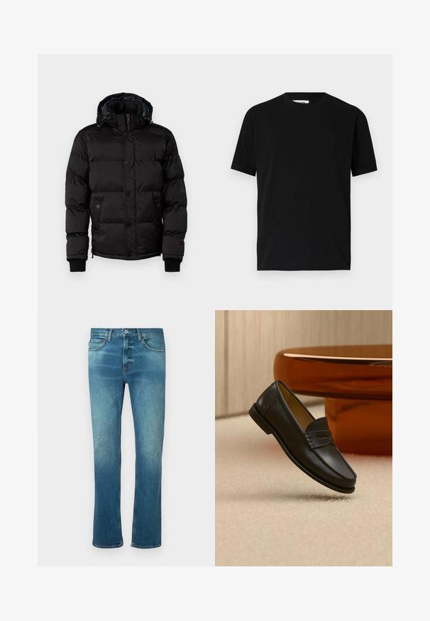Guess Winterjacke - jet black; Schwarzes kurzärmliges T-Shirt aus Baumwolle mit Rundhalsausschnitt und lockerer Passform. Sanfte Textur, keine Muster oder sichtbaren Logos.; Blaue Jeans aus Denim mit geradem Schnitt, ausgestattet mit einem leichten Verwaschungseffekt, leichten Abnutzungen an den Knien und klassischem Fünf-Taschen-Design.; Schwarzer Leder-Loafer, der über einem hellbeigen Teppich schwebt, mit bernsteinfarbenen modernen Möbeln im Hintergrund.