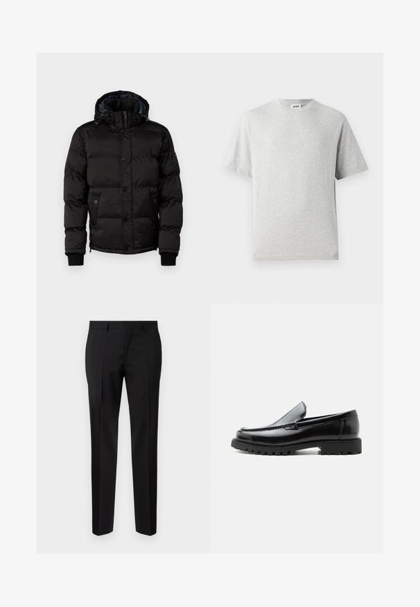 Guess Chaqueta de invierno - jet black; Camiseta gris de manga corta hecha de tela suave. Presenta un cuello redondo, un corte relajado y no tiene patrones ni logotipos. Textura suave en toda la prenda.; Pantalones negros de corte ajustado, hechos de una tela suave, con pernera recta, detalles de pinzas refinadas y una cinturilla clásica con ojales para cinturón.; Mocasín de cuero negro con suela de goma gruesa, empeine cosido y nombre de la marca en relieve en el talón, mostrado en perfil lateral sobre fondo blanco.