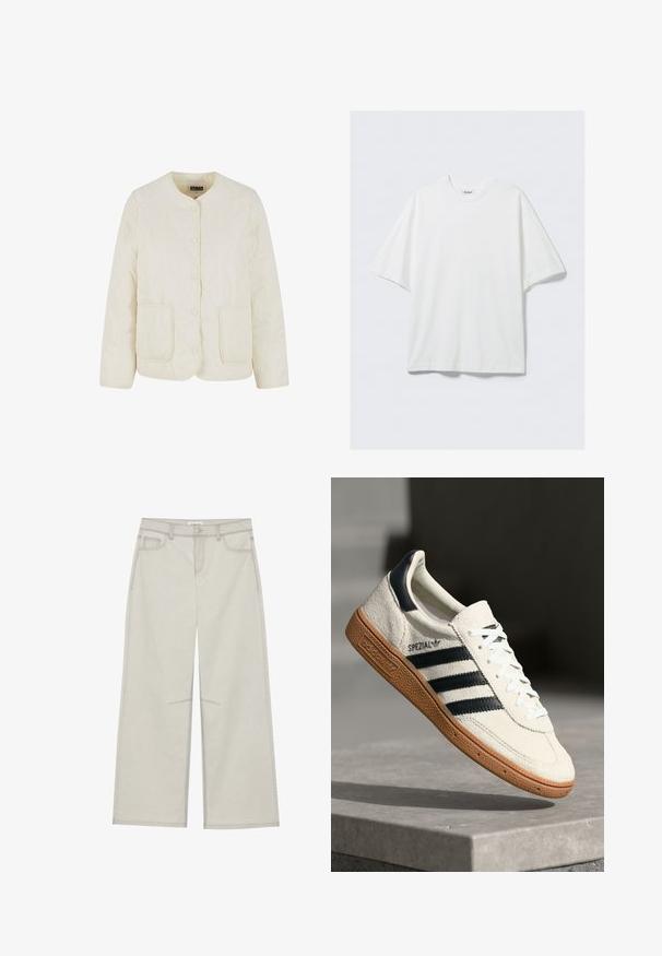 Chaqueta acolchada de crema clara con cuello redondo, botones en la parte frontal y dos bolsillos. Presenta un patrón de costura ondulado y una textura suave.; Camiseta blanca de algodón de manga corta y corte oversize con cuello redondo y una pequeña etiqueta de la marca en el interior del cuello.; Pantalones de pierna ancha gris claro con cinco bolsillos, cierre frontal de botón y costuras contrastantes a lo largo de las costuras. La tela parece suave y duradera.; Zapatilla de ante blanca con franjas en azul marino, suela de goma, parte superior texturizada, puntera redonda y cordones; presenta una marca en el lateral y en la lengüeta.