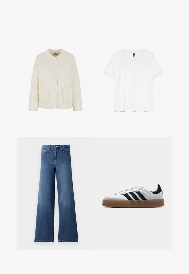 Chaqueta acolchada de crema clara con cuello redondo, botones en la parte frontal y dos bolsillos. Presenta un patrón de costura ondulado y una textura suave.; Camiseta blanca de manga corta con un cuello redondo, hecha de tejido ligero. Diseño simple, textura suave y dobladillo recto.; Pantalones vaqueros de denim azul de pierna ancha con una cinturilla estándar, bolsillos delanteros y una textura suave. Sin patrones visibles ni adornos.; Zapatillas de cuero blancas con rayas negras, suela de goma, puntera redonda, cierre de cordones y caperuza de ante gris suave.