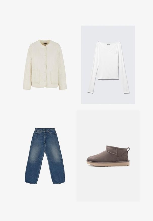 Chaqueta acolchada de crema clara con cuello redondo, botones en la parte frontal y dos bolsillos. Presenta un patrón de costura ondulado y una textura suave.; Top blanco de manga larga con diseño cruzado y un bolsillo. Fabricado en una tela suave y elástica. Con un corte casual y relajado.; Vaqueros de pierna ancha en azul medio, con un lavado desgastado, diseño clásico de cinco bolsillos y costuras resistentes en los dobladillos.; Zapato tipo slip-on de ante marrón de altura baja en el tobillo, con suela texturizada y lengüeta para tirar, sobre un fondo liso.