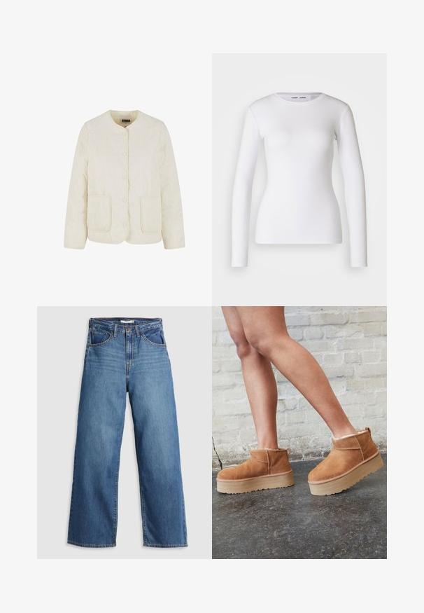 Chaqueta acolchada de crema clara con cuello redondo, botones en la parte frontal y dos bolsillos. Presenta un patrón de costura ondulado y una textura suave.; Camisa blanca de manga larga hecha de tela acanalada, con un cuello redondo y una forma ajustada. No presenta patrones ni detalles.; Jeans de mezclilla azul de pierna ancha con cintura alta, que cuentan con cinco bolsillos, costuras en contraste y cierre de cremallera.; Botas de tobillo de ante marrón con forro suave, suela de plataforma gruesa beige y una lengüeta trasera. Superficie texturizada con detalles de costura visibles.