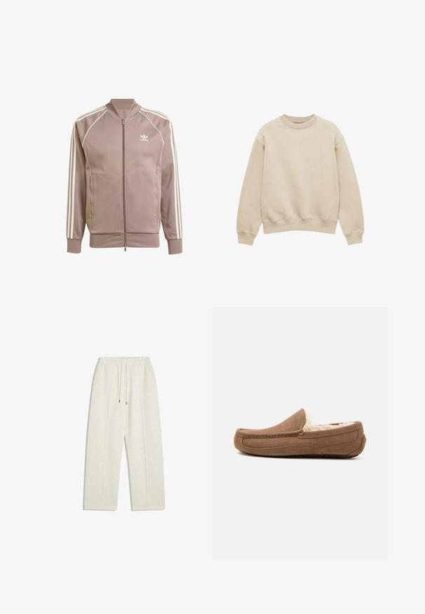 Mauve Adidas trainingsjack met volledige voorrits, witte drie strepen op de mouwen, geribbelde boorden en Adidas trefoil-logo op de linkerborst.; Beige lange mouwen crewneck trui met geribbelde manchetten en zoom, weergegeven op een witte achtergrond.; Lichtbeige, wijde sweatpants gemaakt van zachte stof. Beschikt over een elastische tailleband met trekkoord en zijzakken voor functionaliteit.; Bruine suède mocassinslof met witte fleecevoering en rubberen zool, gezien van opzij tegen een effen achtergrond.
