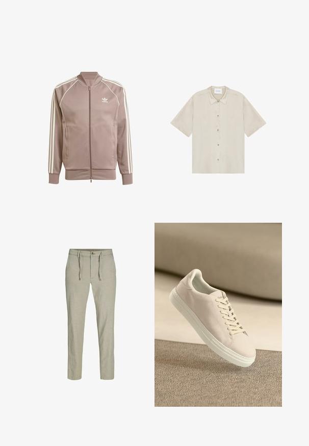 Mauve Adidas trainingsjack met volledige voorrits, witte drie strepen op de mouwen, geribbelde boorden en Adidas trefoil-logo op de linkerborst.; Beige blouse met korte mouwen en kraag, met een subtiele structuurstof en vijf knopen aan de voorkant.; Lichtbeige broek met rechte pijpen, knoop- en trekkoordsluiting, riemlussen en zijzakken, gemaakt van een gestructureerde stof.; Beige suède sneaker met een witte zool en veters, zwevend boven een gestructureerd beige tapijt tegen een zachte beige achtergrond.
