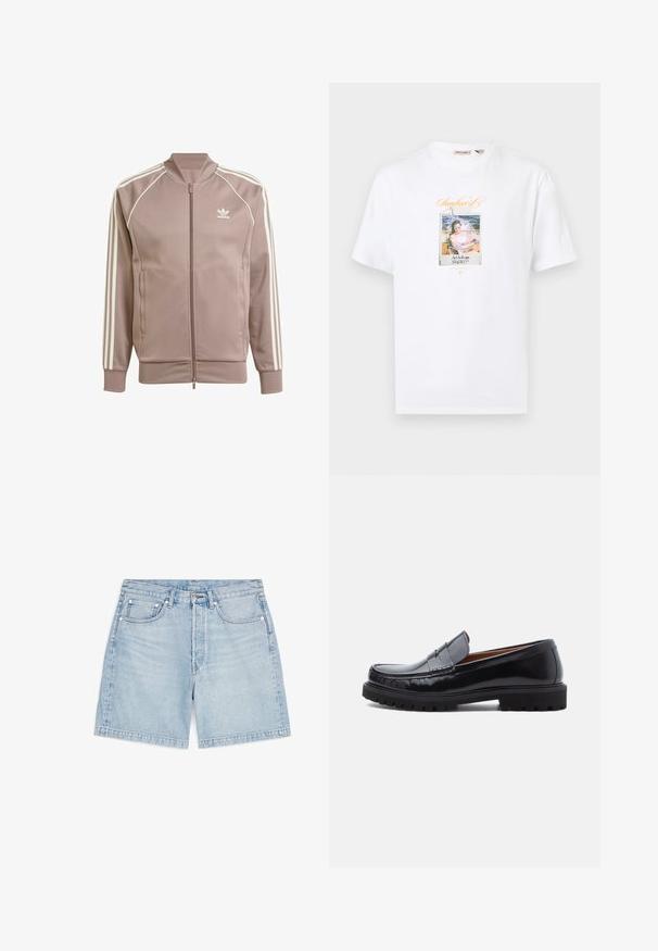 Mauveenvärinen Adidas-ajotakki, jossa kokonaan vetoketjulla suljettava etupuoli, valkoiset kolme raidat hihoissa, ribbineulotut hihansuut ja Adidasin kolmilehtinen logo vasemmassa rinnassa.; Valkoinen lyhythihainen t-paita, jossa keskellä grafiikka aurinkolaseissa olevasta henkilöstä veneessä ja oranssi "Sunburst"-teksti yläpuolella.; Vaaleansiniset denimshortsit, joissa edessä nappi ja vetoketju, viisi taskua ja vyölenkit, asetettuna tasaisesti valkoiselle taustalle.; Mustat nahkaiset penny loafer -kengät vaalealla kumipohjalla ja mokkanahkasaumalla, esiteltynä profiilissa valkoista taustaa vasten.