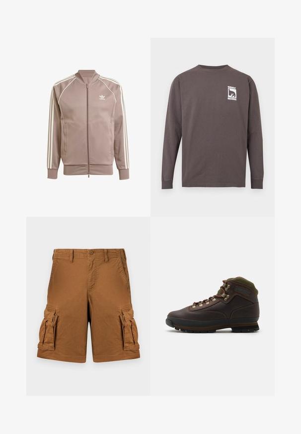 Mauve Adidas trackjakke med fuld lynlås foran, hvide tre striber på ærmerne, ribbet manchetter og Adidas trefoil-logo på venstre bryst.; Mørkegrå langærmet rundhalset skjorte med hvid "OBEY RECORDS"-logo og stiliseret ansigtsgrafik på venstre bryst.; Brune cargoshorts med knaplukning, bæltestropper, sidelommer og store klaplommer på hvert lår.; Brune læder vandrestøvle med grøn stofkrave. Har metal snørehuller, gummisål og struktureret sål til greb.