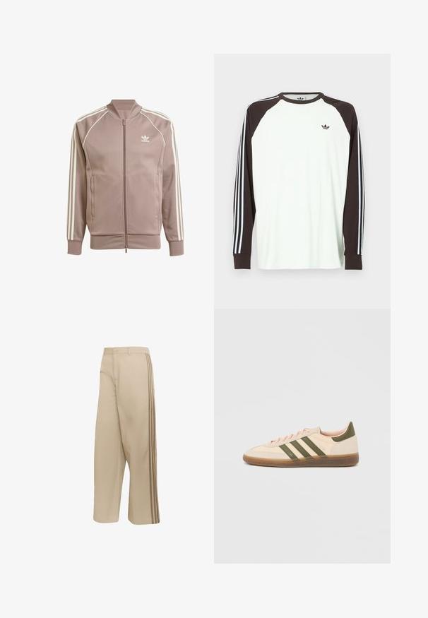 Mauvefarbene Adidas Trainingsjacke mit durchgehendem Frontreißverschluss, weißen drei Streifen an den Ärmeln, gerippten Bündchen und Adidas Trefoil-Logo auf der linken Brust.; Weißes Langarmshirt mit braunen Raglanärmeln. Verfügt über blau-weiß gestreifte Akzente an den Ärmeln und ein kleines Logo auf der Brust.; Beige Hosen mit weitem Bein und Knopf- sowie Reißverschluss, mit drei dunkleren beigen Seitenstreifen entlang der äußeren Nähte.; Flacher, beigefarbener Adidas Spezial Sneaker mit grünen Streifen, Gummisohle und "SPEZIAL" Schriftzug an der Seite, von der Außenseite gezeigt.
