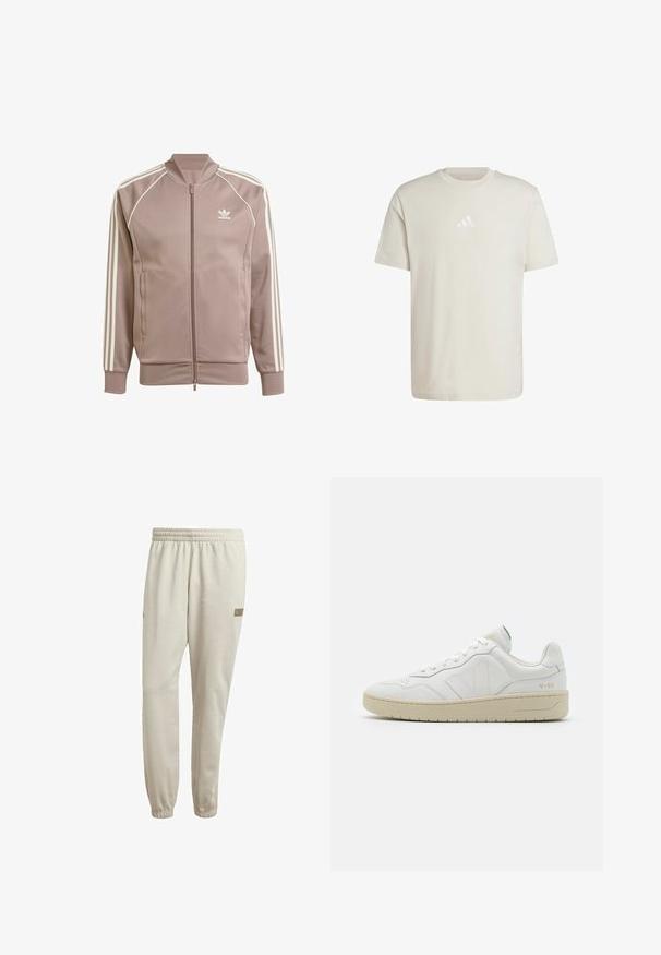 Mauvefarbene Adidas Trainingsjacke mit durchgehendem Frontreißverschluss, weißen drei Streifen an den Ärmeln, gerippten Bündchen und Adidas Trefoil-Logo auf der linken Brust.; Hellbeige Baumwoll-T-Shirt mit Rundhalsausschnitt und kurzen Ärmeln. Verfügt über ein kleines, tonal gehaltenes Adidas-Logo auf der Brust. Weicher Stoff, klassischer Schnitt.; Hellbeige Sweatpants mit elastischem Bund, schmal zulaufenden Bündchen und einem kleinen Markenlabel in der Nähe der Hüfte. Weicher Stoff mit glatter Textur.; Weiße Leder-Sneaker mit strukturierter Oberfläche und gepolstertem Kragen. Sie verfügen über eine beigen Gummisohle und dezente Markenkennzeichnung an der Ferse und an der Seite.