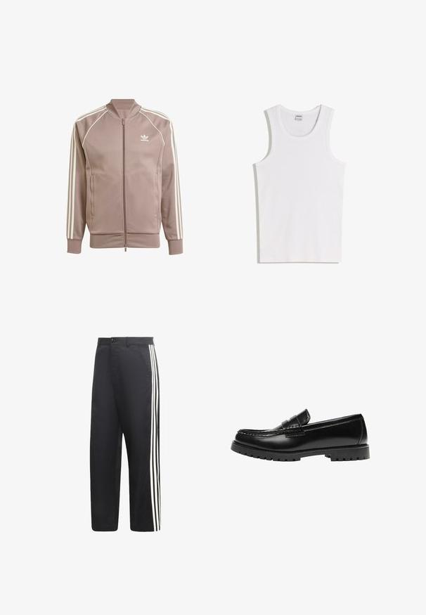 Mauvefarbene Adidas Trainingsjacke mit durchgehendem Frontreißverschluss, weißen drei Streifen an den Ärmeln, gerippten Bündchen und Adidas Trefoil-Logo auf der linken Brust.; Weißes Baumwoll-Tanktop mit rundem Ausschnitt und breiten Trägern. Glatte Textur, keine Muster oder Akzente, schlichtes Design.; Schwarze Hosen mit geradem Bein und drei weißen vertikalen Streifen an der Außenseite jedes Beins.; Schwarzer Leder-Slipper mit dicker Gummisohle und klassischem Penny-Detail an der Riemen, von der Außenseite gezeigt.