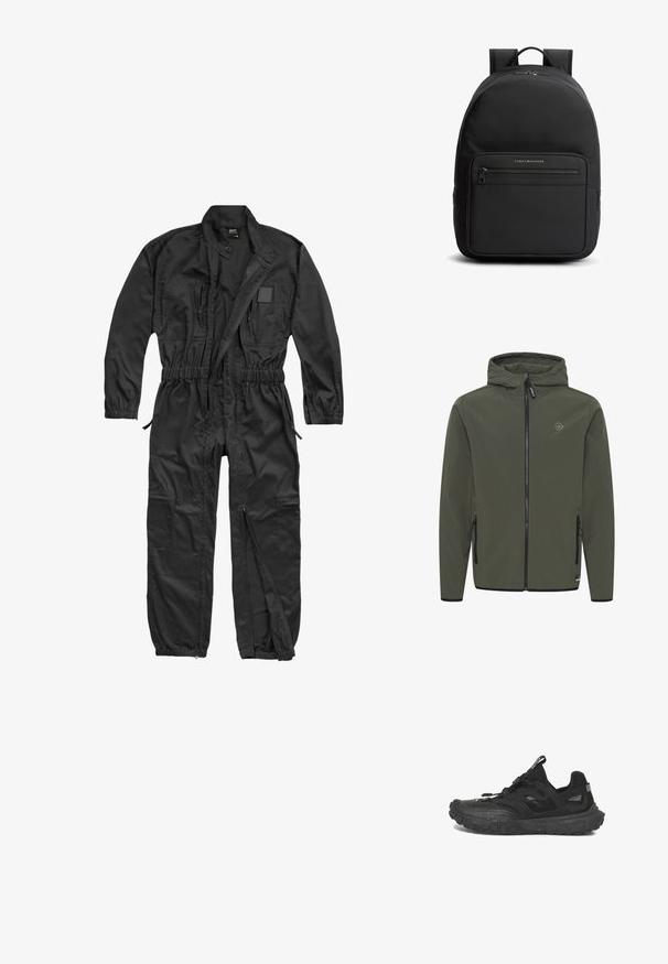 Hættejakke i olivengrøn, lavet af glat stof. Har en frontlynlås, to sidelommer og et lille logo på brystet.; Brandit BRANDIT HERREN EINSATZKOMBI - Buksedragter - black; Sort atletiksneaker med meshpaneler, plettet sål og trækflig på tunge og hæl, set fra ydersiden.; Sort Tommy Hilfiger-rygsæk med en lynlåslomme foran, topstrop, polstrede skulderstropper og et rundt topdesign.