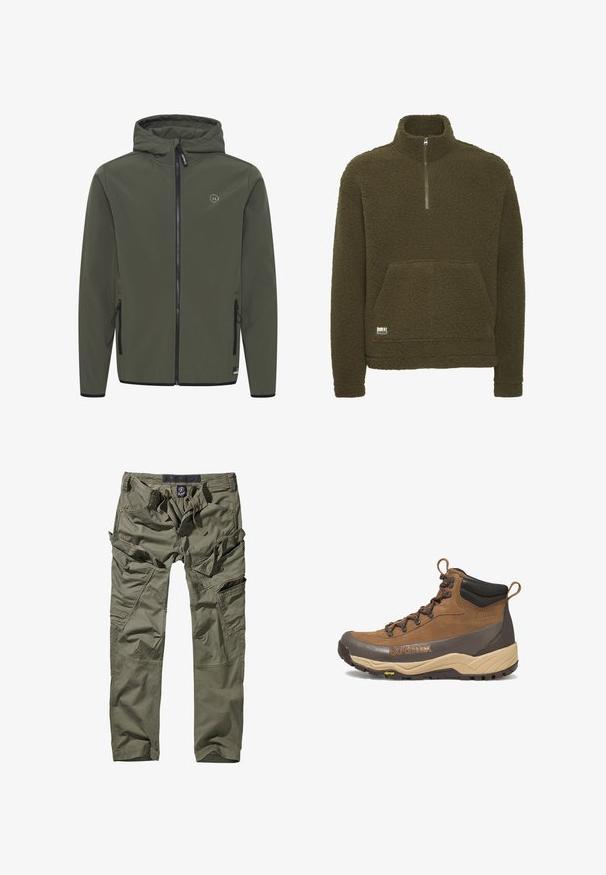 Hættejakke i olivengrøn, lavet af glat stof. Har en frontlynlås, to sidelommer og et lille logo på brystet.; Olivengrøn fleecepullover med høj krave, kvart-lynlås foran og frontlomme i kengurustil. Har tekstureret stof og et lille logo nederst.; Olivengrøn cargo-bukser lavet af bomuld, med flere funktionelle lommer, lynlåsdetaljer og en snøre i taljen for justerbar pasform.; Brun og beige vandrestøvle i mellem højde med sort polstret krave, Gore-Tex-logo, metaløjer og Vibram-ydersål.