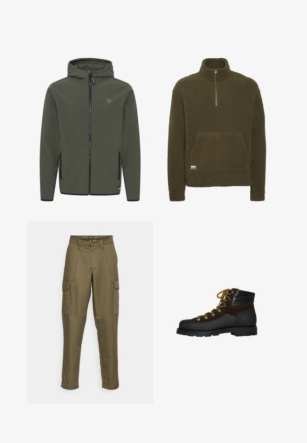 Hættejakke i olivengrøn, lavet af glat stof. Har en frontlynlås, to sidelommer og et lille logo på brystet.; Olivengrøn fleecepullover med høj krave, kvart-lynlås foran og frontlomme i kengurustil. Har tekstureret stof og et lille logo nederst.; Olivenfarvede cargo bukser med lige pasform, frontlommer og sidelommer. Lavet af et slidstærkt stof med en glat overflade.; Brun ruskind og sort læder vandrestøvle med gule snørebånd, metaløjer og en robust sort sål. Mellemhøj design for støtte.