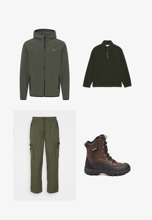 Hooded jacket in olijfgroen, gemaakt van gladde stof. Voorzien van een voorkeursrits, twee zijzakken en een klein logo op de borst.; Donkergroene fleece trui met een hoge kraag, halve ritssluiting en een gestructureerd oppervlak. Heeft een glad paneel over de borst.; Olijfgroene cargobroek van lichtgewicht stof, met een elastische tailleband, striksluiting en meerdere met rits gesloten zakken.; Bruine en zwarte geïsoleerde wandelschoen met dikke zool, metalen oogjes en Thinsulate-label aan de zijkant.