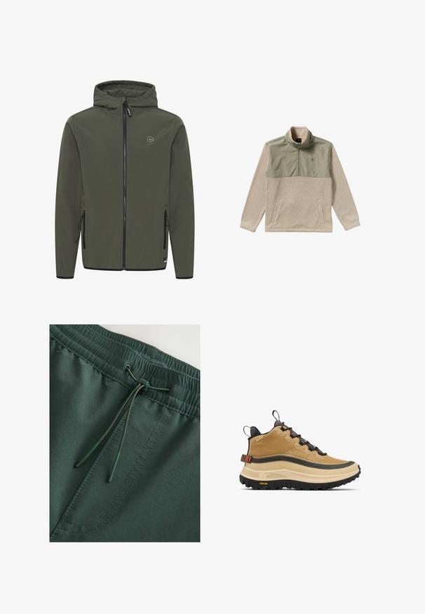 Hættejakke i olivengrøn, lavet af glat stof. Har en frontlynlås, to sidelommer og et lille logo på brystet.; Fleece pullover i beige og olivengrøn med halvlukket design, høj krave og to sidelommer. Glat tekstur på det øverste panel.; Mørkegrønne sweat shorts med elastisk talje og snørelukning, glat tekstur og synlige stingdetaljer. Enkel, funktionel design.; Tanfarvet højt snøresko med tekstureret finish, markant sort ydersål og orange accenter. Har snøresystem og polstret krave for støtte.
