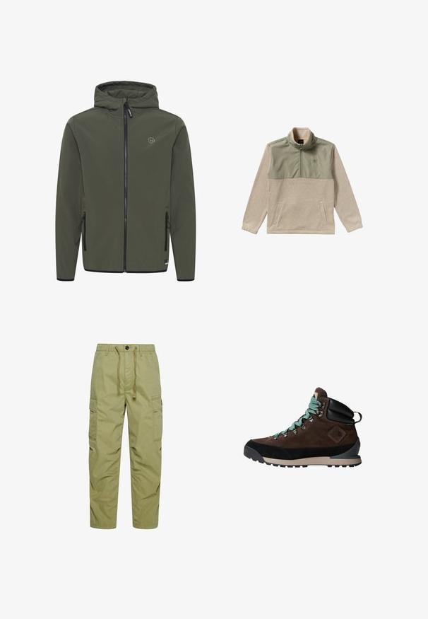 Veste à capuche en vert olive, faite d'un tissu lisse. Elle possède une fermeture éclair à l'avant, deux poches latérales et un petit logo sur la poitrine.; Pull en polaire beige et vert olive, avec un design à demi-zip, un col haut et deux poches latérales. Texture lisse sur le panneau supérieur.; Pantalons cargo kaki en mélange de coton, avec une taille à cordon de serrage, deux poches latérales et deux poches sur les cuisses avec des fermetures à rabat.; Botte de randonnée brune avec une tige en daim, accents noirs et lacets turquoise. Dotée d'une semelle robuste et d'un soutien de cheville renforcé.