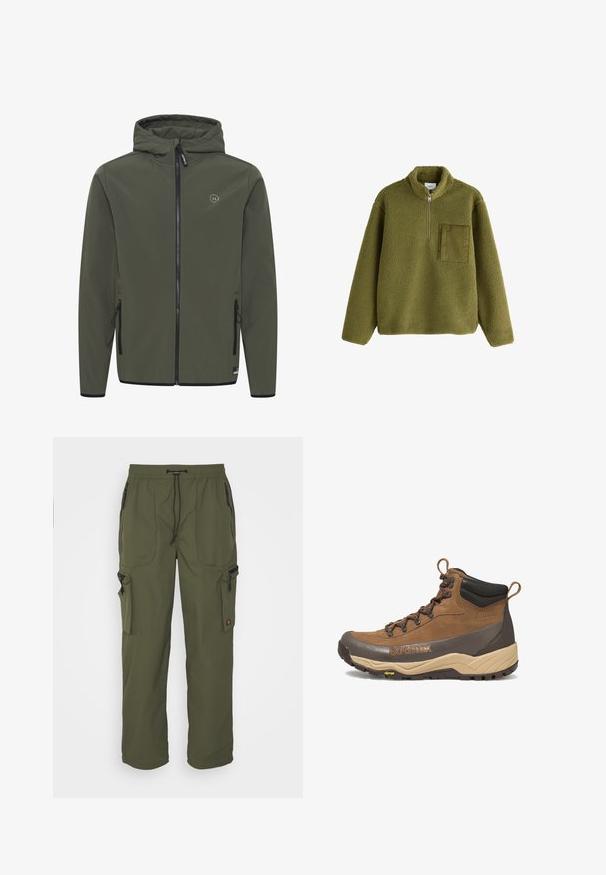 Hættejakke i olivengrøn, lavet af glat stof. Har en frontlynlås, to sidelommer og et lille logo på brystet.; Olivengrøn fleece pullover med lange ærmer, halv lynlås foran, ståkrave og tekstureret firkantet brystlomme på venstre side.; Oliven grøn cargo bukser lavet af let materiale, med elastisk talje, snorelukning og flere lynlåslommer.; Brun og beige vandrestøvle i mellem højde med sort polstret krave, Gore-Tex-logo, metaløjer og Vibram-ydersål.