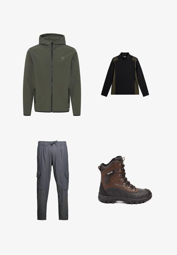 Hooded jacket in olijfgroen, gemaakt van gladde stof. Voorzien van een voorkeursrits, twee zijzakken en een klein logo op de borst.; Zwart en olijfgroen sweatshirt met lange mouwen, een korte ritssluiting aan de voorkant en een klein logo op de borst.; Donkere grijze cargobroek met steekzakken aan de zijkant, riemlussen en een koordsluiting aan de voorkant.; Bruine en zwarte geïsoleerde wandelschoen met dikke zool, metalen oogjes en Thinsulate-label aan de zijkant.