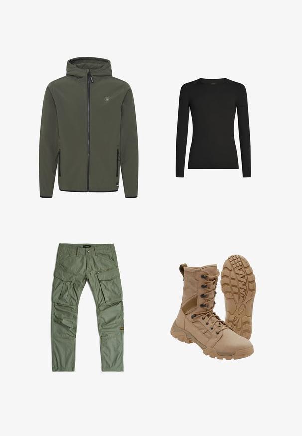 Hooded jacket in olijfgroen, gemaakt van gladde stof. Voorzien van een voorkeursrits, twee zijzakken en een klein logo op de borst.; Zwart, aansluitend shirt met lange mouwen en ronde hals, met subtiel Icebreaker-logo op de linker mouw, weergegeven op een witte achtergrond.; Groene cargobroek met meerdere zakken, waaronder rits- en klepzakken, riemlussen en gestikte kniepaneeltjes, plat gelegd op een witte achtergrond.; Tan tactische laars met veterontwerp tot aan de enkel en stevige rubberen zool, één laars rechtopstaand en één die het profielpatroon toont.