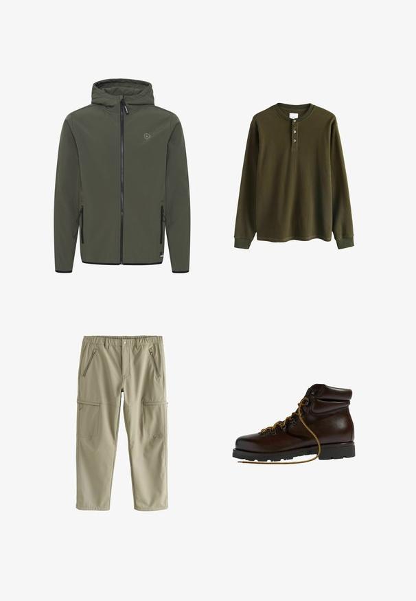 Veste à capuche en vert olive, faite d'un tissu lisse. Elle possède une fermeture éclair à l'avant, deux poches latérales et un petit logo sur la poitrine.; Chemise henley à manches longues en maille gaufrée olive avec des poignets côtelés et trois boutons au col.; Pantalon cargo longueur genou en beige clair, fabriqué en tissu lisse. Il comprend deux poches avant zippées et deux poches plaquées sur les côtés.; Bottine de randonnée en cuir marron avec un bout arrondi, surface texturée, lacets jaunes et œillets en métal. Dotée d'une semelle en caoutchouc noir robuste.