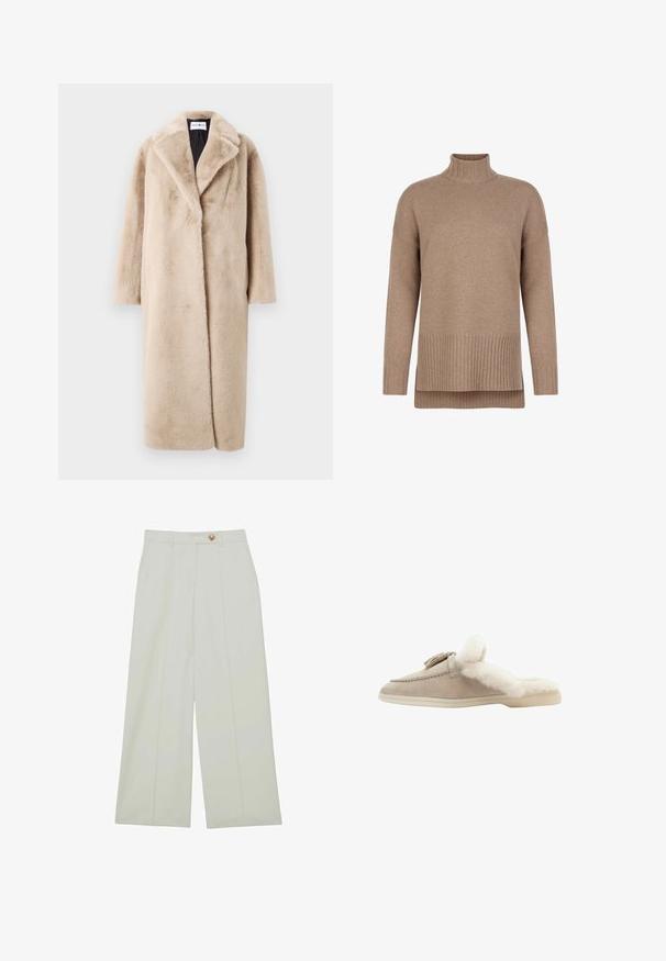 Manteau en fausse fourrure beige au silhouette décontractée, avec de larges revers et des manches longues. La surface a une texture douce et pelucheuse et un design moderne et minimal.; Pull à col roulé marron en matière tricotée douce, avec détails côtelés au niveau du col et de l'ourlet, coupe décontractée et design superposé.; Pantalon à jambes larges en tissu léger, de couleur blanc cassé, avec des plis devant et une fermeture à bouton unique.; Scarosso LUCREZIA - Chaussons - sand suede fur
