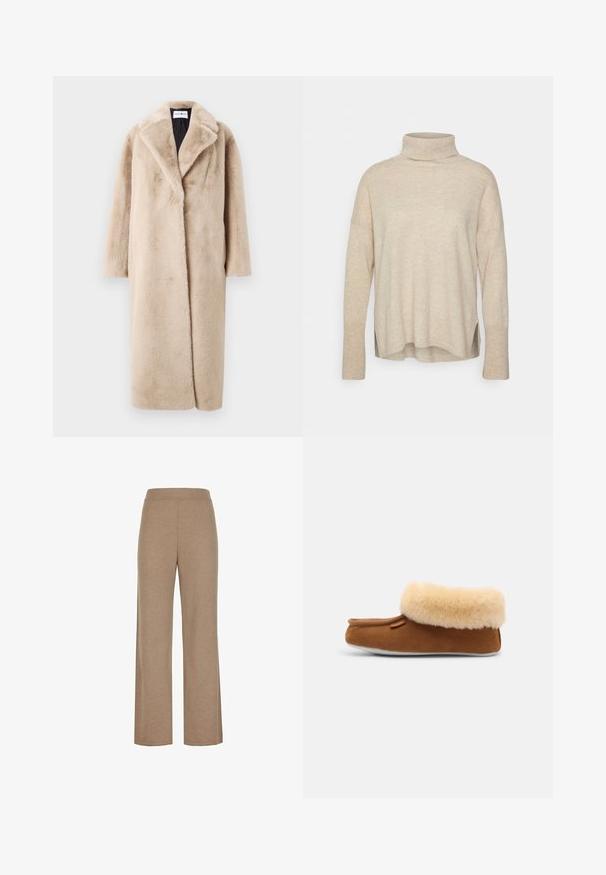 Manteau en fausse fourrure beige au silhouette décontractée, avec de larges revers et des manches longues. La surface a une texture douce et pelucheuse et un design moderne et minimal.; Pull en maille beige à col roulé avec des manches longues, coupe décontractée, fentes latérales et texture lisse.; Pantalon beige en maille à jambes larges avec taille élastique, présentant une texture lisse sans poches ni ornements visibles.; Pantoufle en suède marron avec un poignet en fausse fourrure beige, orteil arrondi et semelle plate blanche. Présente un branding minimal sur le côté.