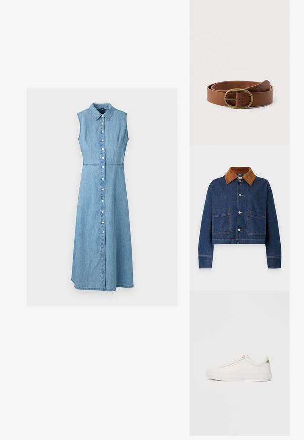Gekort denim jack in donkerblauw met een kraag van bruin suède, voorzien van twee voorzakken en zilveren knopen met zichtbare stiksels.; Mouwloze lichtblauwe denim midi-jurk met kraag en knoopsluiting aan de voorkant, getailleerde taille en A-lijn rok.; Lage witte sneaker met gouden accenten, gestructureerde bovenkant, witte veters en "Tommy Hilfiger" branding aan de zijkant.; Bruine leren riem opgerold met een ovale koperen gesp, weergegeven op een effen witte achtergrond.