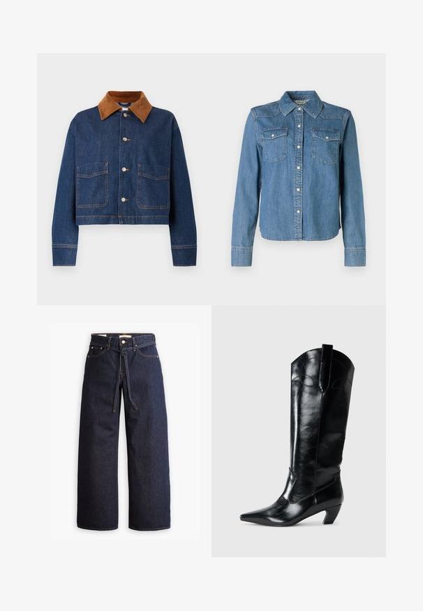 Gekort denim jack in donkerblauw met een kraag van bruin suède, voorzien van twee voorzakken en zilveren knopen met zichtbare stiksels.; Denim shirt in een lichtblauwe tint, met klassieke kraag en twee borstzakken. Het heeft drukknoopsluitingen en lange mouwen met knoopmanchetten.; Wijd pijpjes donkerblauwe denim jeans met een hoge taille, voorzien van een trekkoord, vijf zakken en contrasterende stiksels.; Zwarte leren kniehoge laarzen met een spitse neus, lage hak en decoratieve stiksels aan de zijkanten. Gladde glanzende afwerking.