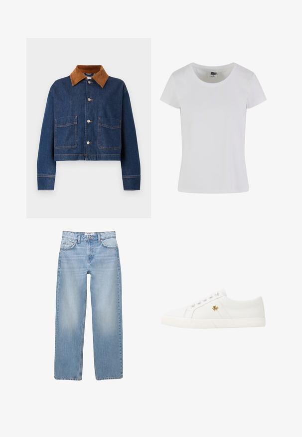 Afskåret denimjakke i mørkeblå med en krave i brunt ruskind, der har to frontlommer og sølvknapper med synlige stikninger.; Hvid, kortærmet t-shirt lavet af bomuld. Har en rund halsudskæring og en tætsiddende form. Lappen læser "URBAN CLASSICS."; Lyseblå denimbukser med lige ben, fem-pockets stil og synlige syninger. Stofmaterialet har en blød, let falmet tekstur.; Lauren Ralph Lauren JANSON II CANVAS SNEAKER - Sneakers - optic white