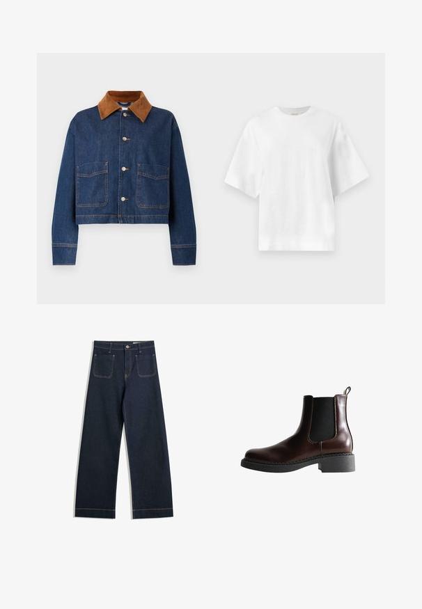 Afskåret denimjakke i mørkeblå med en krave i brunt ruskind, der har to frontlommer og sølvknapper med synlige stikninger.; Plain hvid oversized T-shirt med korte ærmer og rund halsudskæring, vist fladt mod en lys grå baggrund.; Mørkeblå vide jeans lavet af denim med kontrasterende beige syninger, to baglommer og en knaplukning i taljen.; Brune læder ankelstøvle med elastiske sidepaneler, rund tå og en struktureret sort gummisål. Har kontrasterende syninger og en trækflap.