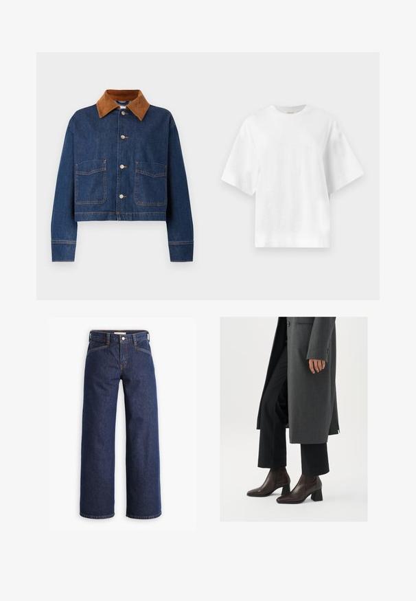 Afskåret denimjakke i mørkeblå med en krave i brunt ruskind, der har to frontlommer og sølvknapper med synlige stikninger.; Plain hvid oversized T-shirt med korte ærmer og rund halsudskæring, vist fladt mod en lys grå baggrund.; Mørkeblå denim jeans med høj talje, bred benklipp og diskret orange syninger. Har knap- og lynlåslukning foran.; Højhælede ankelstøvler i mørkebrunt læder med spids tå og blokhæl, parret med sorte bukser og en grå frakke.