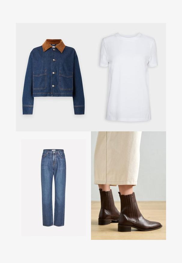 Afskåret denimjakke i mørkeblå med en krave i brunt ruskind, der har to frontlommer og sølvknapper med synlige stikninger.; Simpel hvid T-shirt med korte ærmer og rund hals, normal pasform og et lille indvendigt mærke på nakken med teksten "SELECTED FEMME."; Lyseblå denimjeans med lige ben, der har en knaplukning, fem lommer og subtilt falmet stof.; Pavement SHANI - Støvletter - brown