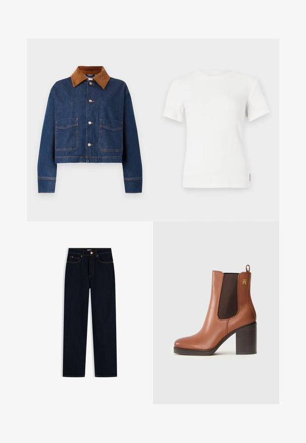 Afskåret denimjakke i mørkeblå med en krave i brunt ruskind, der har to frontlommer og sølvknapper med synlige stikninger.; Hvid ribbet kortærmet t-shirt med rund halsudskæring. Blød tekstur, tætsiddende design og minimale syninger.; Mørkeblå, lige jeans med fem lommer, bæltestropper og knaplukning i taljen.; Brune læderankelstøvle med en afrundet tå, elastiske sidepaneler og en kraftig rektangulær hæl. Guld logo detalje på siden.