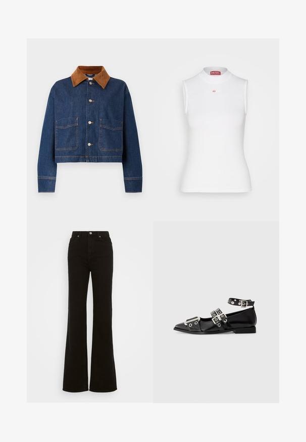 Gekort denim jack in donkerblauw met een kraag van bruin suède, voorzien van twee voorzakken en zilveren knopen met zichtbare stiksels.; Witte mouwloze top met een hoge geribbelde hals, voorzien van een klein rood Diesel-logo aan de voorkant. Gemaakt van een getailleerd, elastisch materiaal.; Hoge taille zwarte flared jeans van denim, met een knoopsluiting, zijzakken en een gladde textuur.; Zwarte puntige platte schoen met drie zilveren gespen, enkelband met oogjes en metallic detail op de teen.
