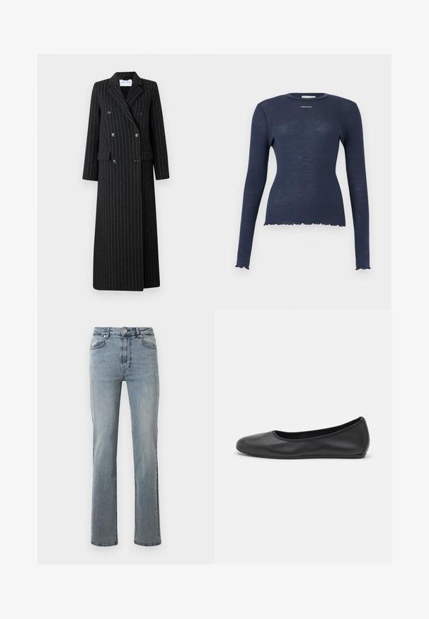 Manteau long croisé en tissu noir avec des fines rayures. Il présente des revers crantés, des poches latérales et des détails de boutons.; Haut à manches longues en maille côtelée bleu marine avec col rond, ourlets et poignets à bords ondulés, et logo "Stine Goya" sur la poitrine.; Jeans en denim bleu clair avec une taille haute, coupe droite, décoloration subtile, style à cinq poches et fermeture à bouton en métal.; Ballerines en cuir noir avec un bout rond, texture lisse, détails de couture minimalistes et design de semelle flexible.
